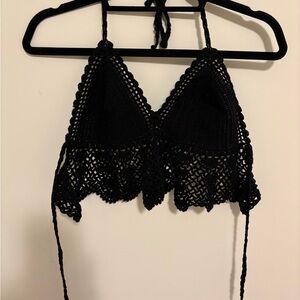 Hand Crafted Black Crochet Crop Top
